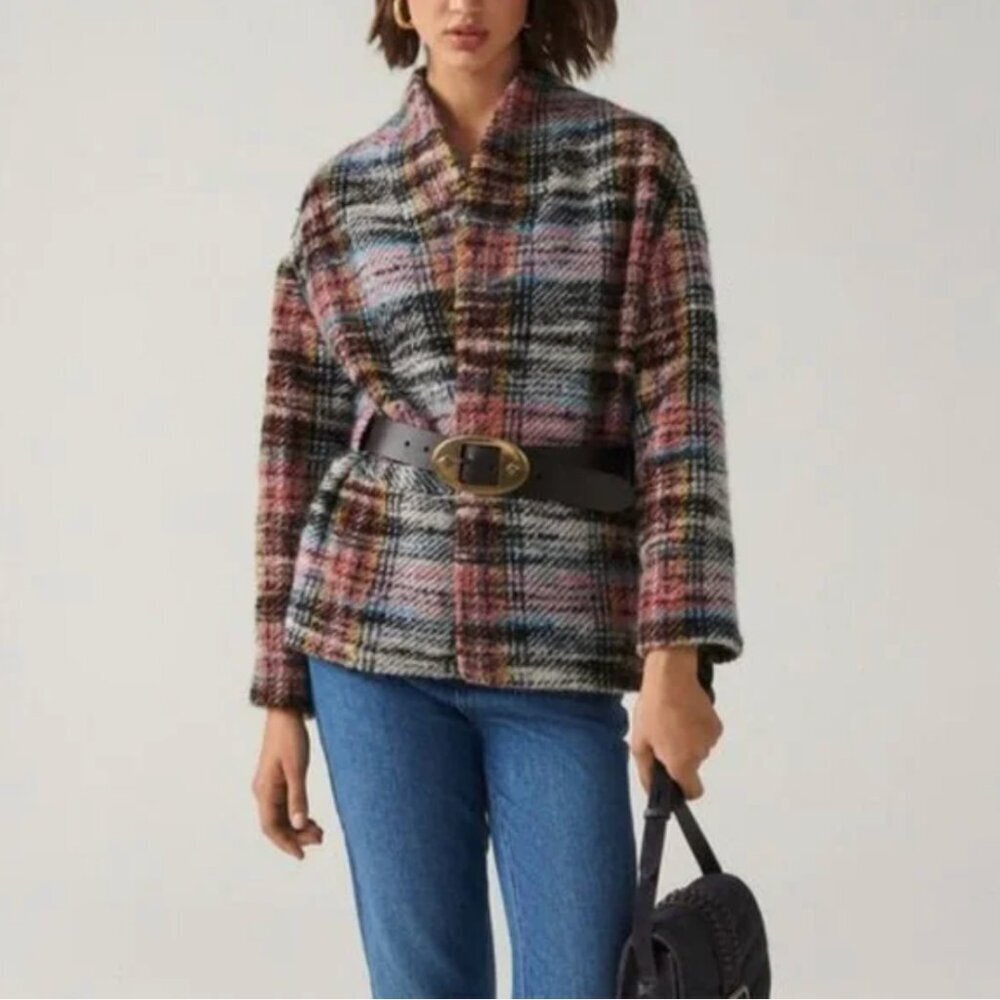 Ba&sh Vic Jacket Wool Blend Coat Belted Plaid Colorful Black New NWT Size Small